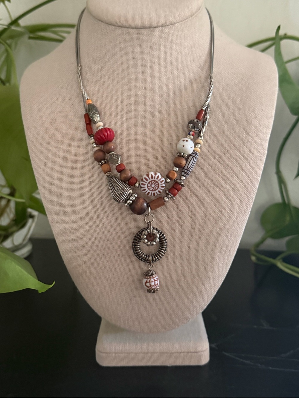 Vintage Red & Brown Bohemian Beaded Pendant Necklace